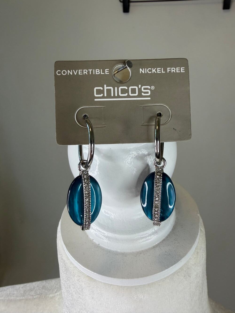 Chico's Convertible Earrings Teal Blue Oval Drop Crstal Accents NEW Silver Tone